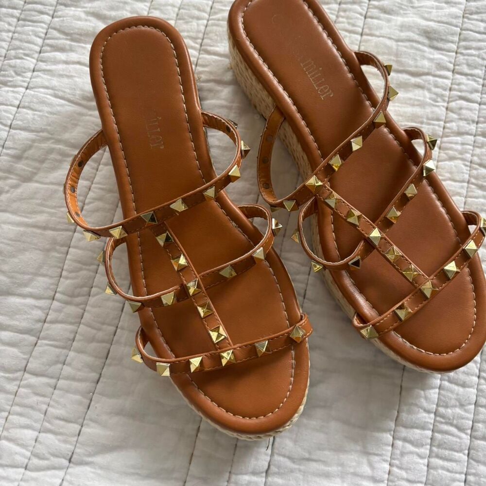 BOUTIQUE Rope Strappy Open Toe Sz 9 Studded Brown Women's Platform Heel Sandals